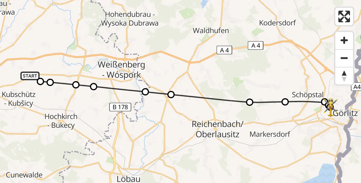 Flugroute Rettungshubschrauber Bautzen Flugplatz - Görlitz Hospital, 28 Juni 2026, 10:20