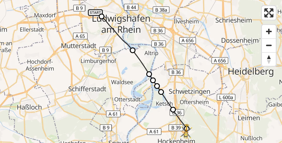 Flugroute Rettungshubschrauber Ludwigshafen Accident Hospital - Hockenheim, 28 Juni 2026, 10:21