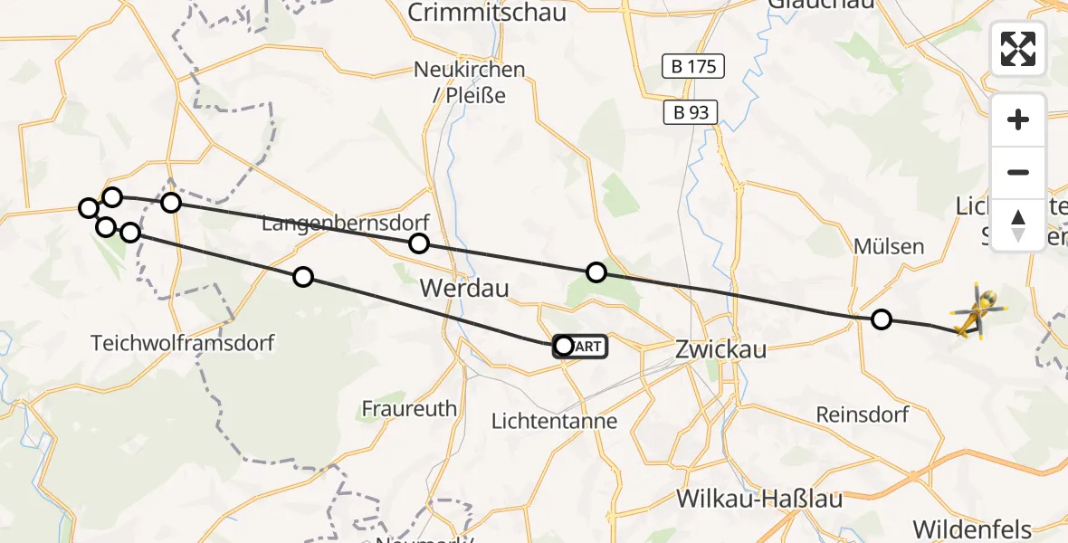 Flugroute Rettungshubschrauber ADAC Air Rescue Station Zwickau Hubschrauberlandeplatz - Mülsen, 28 Juni 2026, 10:27