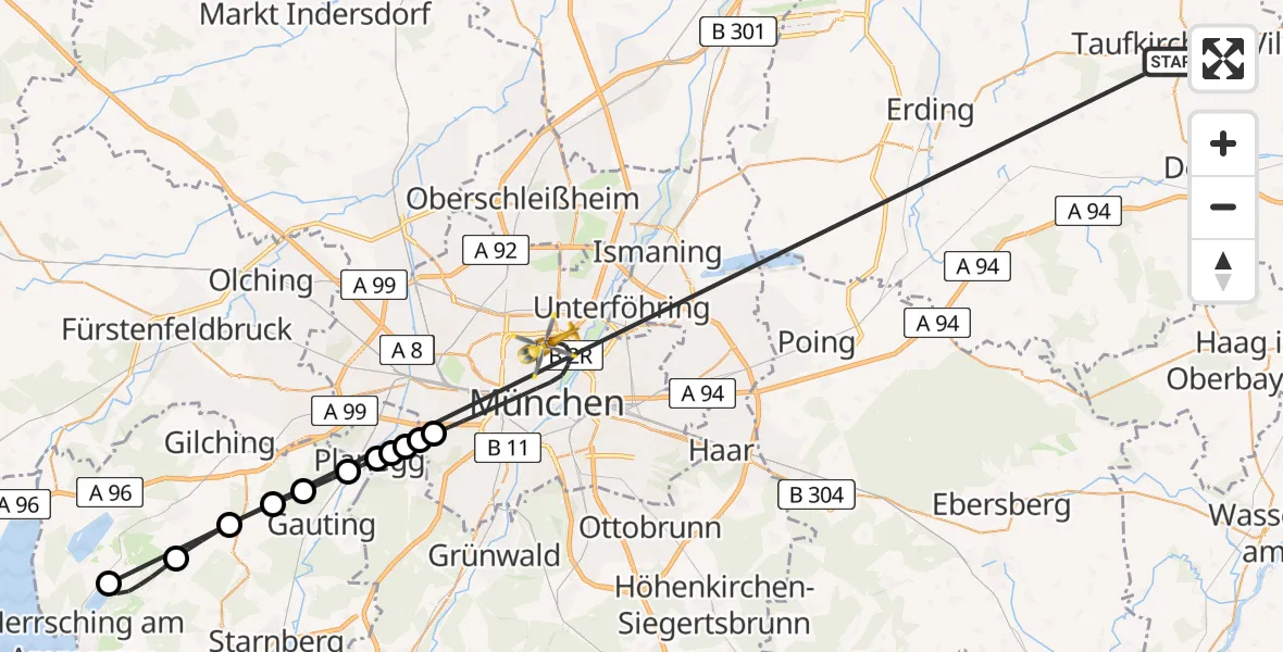 Flugroute Rettungshubschrauber Taufkirchen (Vils) - München, 28 Juni 2026, 10:27