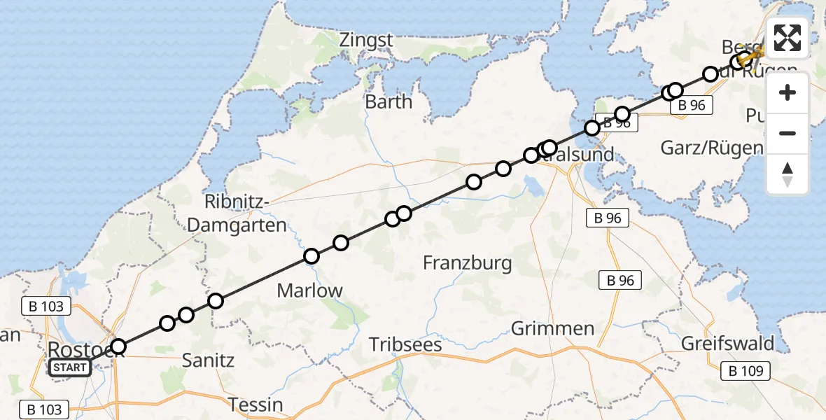 Flugroute Rettungshubschrauber Rostock - Bergen auf Rügen, 28 Juni 2026, 10:33