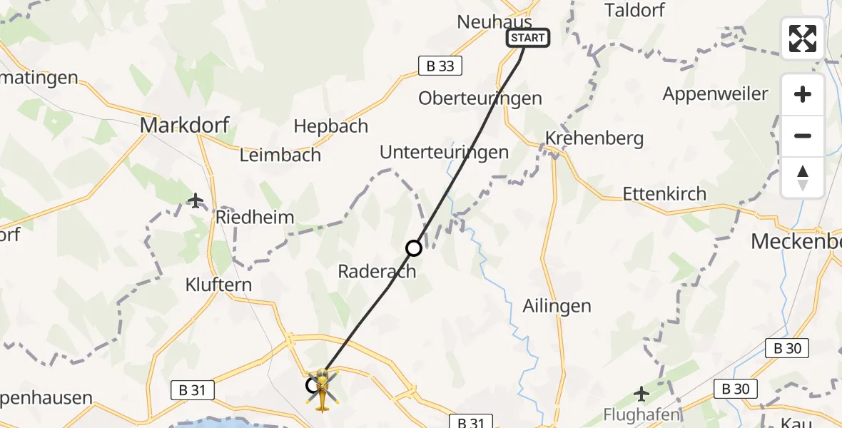 Flugroute Rettungshubschrauber Oberteuringen - Friedrichshafen Hospital, 28 Juni 2026, 10:35