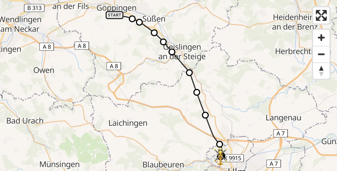 Flugroute Rettungshubschrauber Göppingen - ADAC Air Rescue Station Ulm (Christoph 22), 28 Juni 2026, 10:39