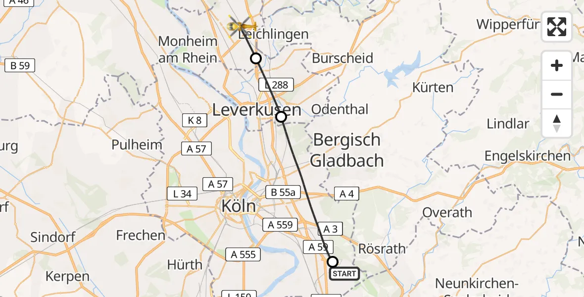 Flugroute Rettungshubschrauber Köln Bonn Flughafen - Langenfeld (Rhld.), 28 Juni 2026, 10:42