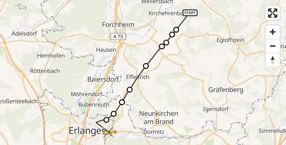 Flugroute Rettungshubschrauber Pretzfeld - Erlangen, 28 Juni 2026, 10:51