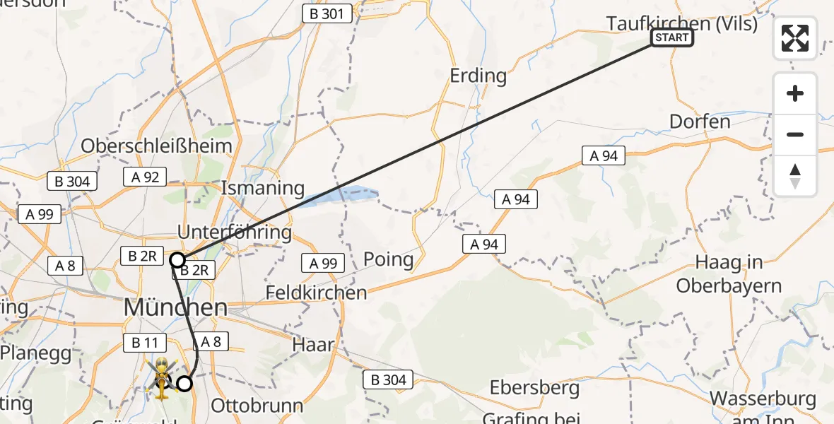 Flugroute Rettungshubschrauber Taufkirchen (Vils) - ADAC Air Rescue Center Hubschrauberlandeplatz (Christoph 1), 28 Juni 2026, 10:52
