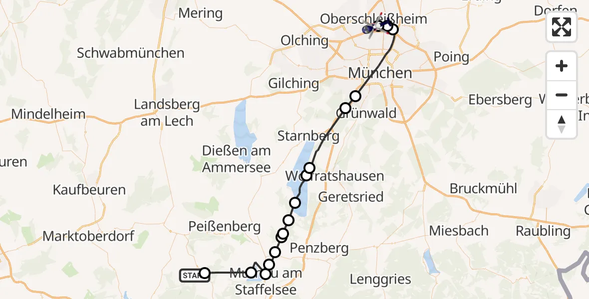 Flugroute Polizeihubschrauber Wildsteig - Oberschleissheim Hubschrauberlandeplatz, 28 Juni 2026, 10:51