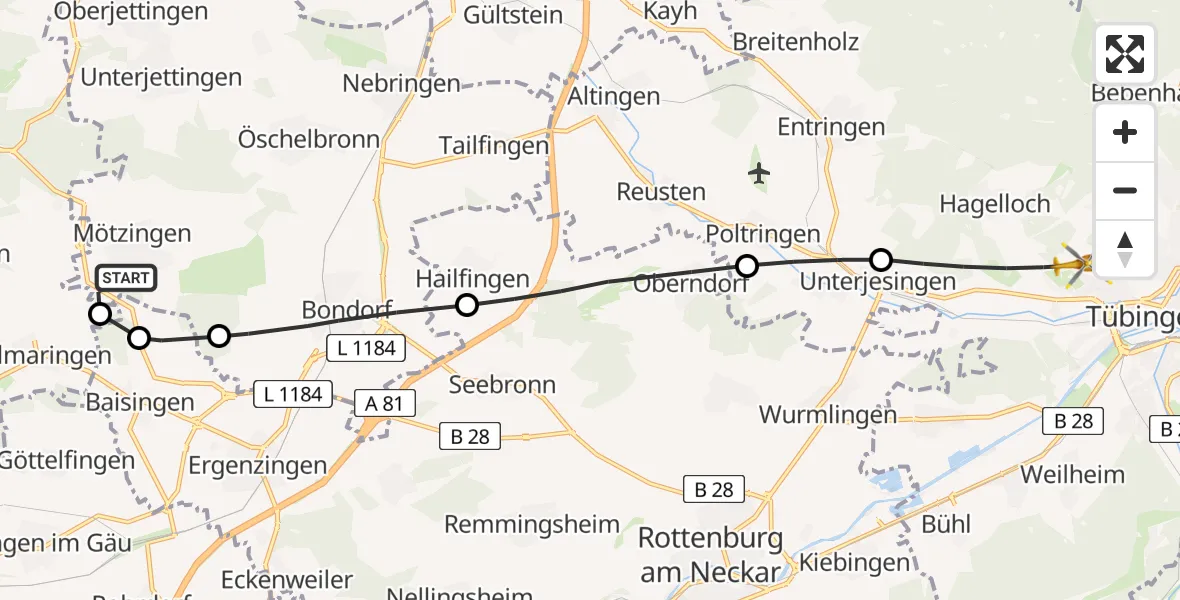 Flugroute Rettungshubschrauber Mötzingen - Tübingen University Hospital, 28 Juni 2026, 10:52
