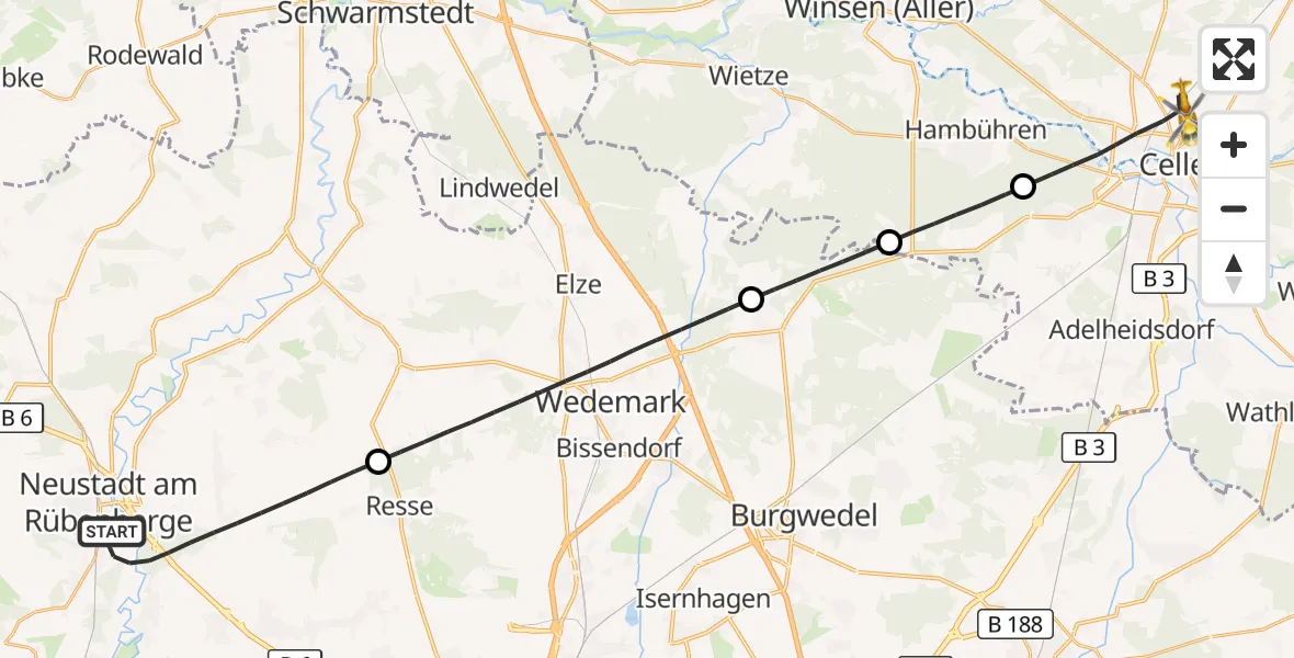 Flugroute Rettungshubschrauber Neustadt am Rübenberge - Celle, 28 Juni 2026, 10:53