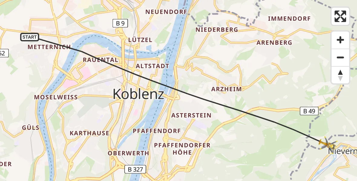 Flugroute Rettungshubschrauber Koblenz - Fachbach, 28 Juni 2026, 10:57