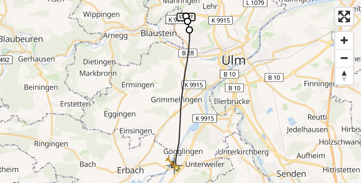 Flugroute Rettungshubschrauber Ulm Military Hospital Emergency - Ulm, 28 Juni 2026, 10:57
