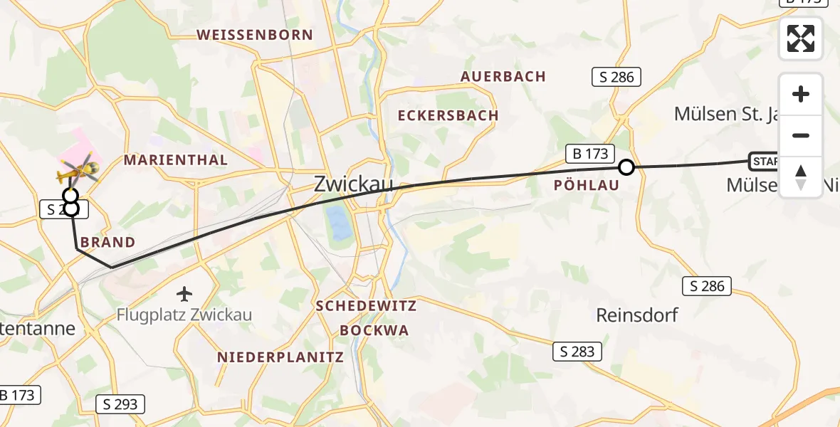 Flugroute Rettungshubschrauber Mülsen - ADAC Air Rescue Station Zwickau Hubschrauberlandeplatz, 28 Juni 2026, 10:59