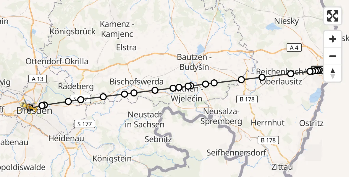 Flugroute Rettungshubschrauber Görlitz Hospital - Dresden Friedrichstadt Hospital, 28 Juni 2026, 11:00