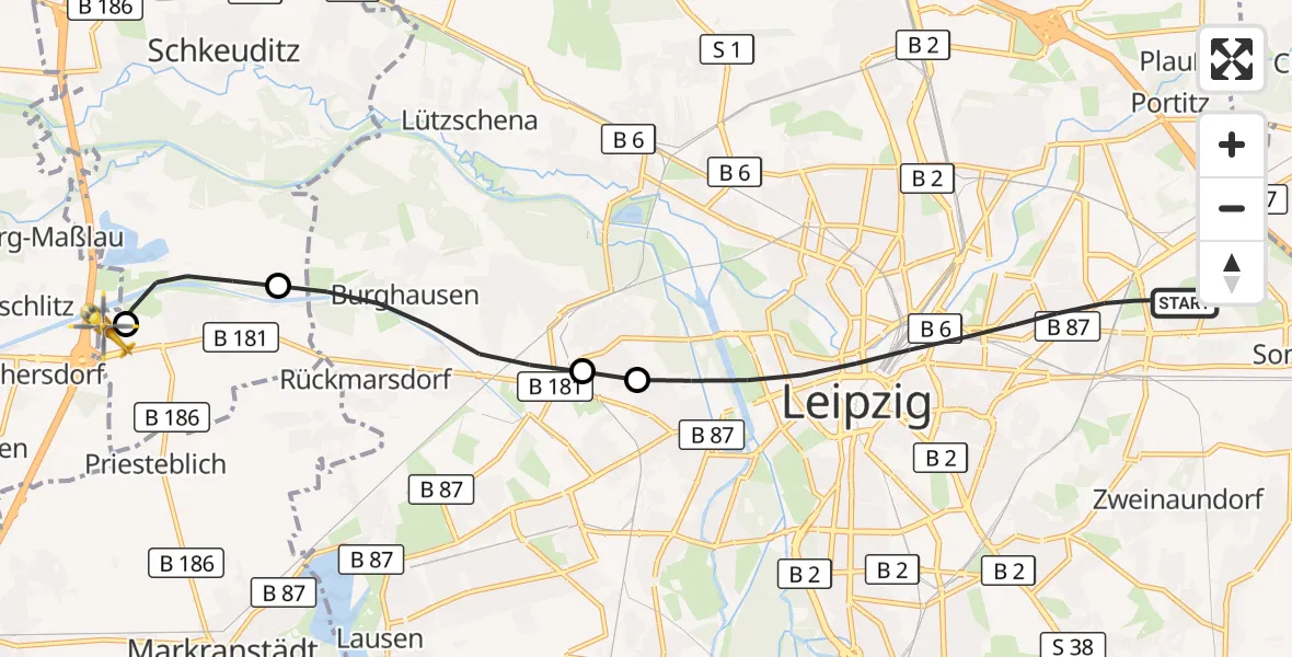 Flugroute Rettungshubschrauber Leipzig - ADAC Air Rescue Station Leipzig/Schkeuditz-Dölzig Hubschrauberlandeplatz (Christoph 61), 28 Juni 2026, 11:05