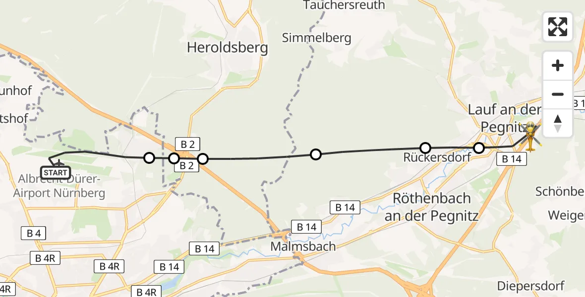 Flugroute Rettungshubschrauber Flughafen Nuremberg - Lauf a.d.Pegnitz, 28 Juni 2026, 11:06