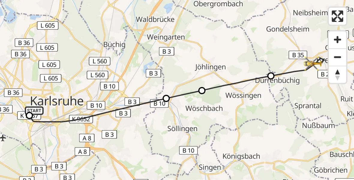 Flugroute Ambulanzhubschrauber Sankt Vincentius Hospital - Bretten, 28 Juni 2026, 11:08