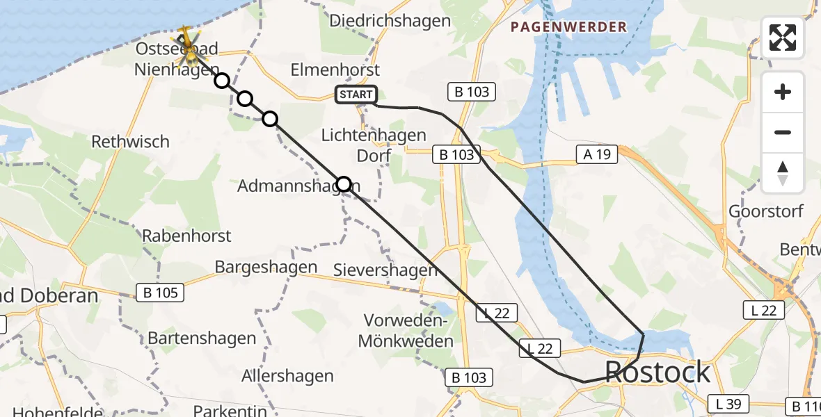 Flugroute Ambulanzhubschrauber Rostock - Nienhagen, 28 Juni 2026, 11:09