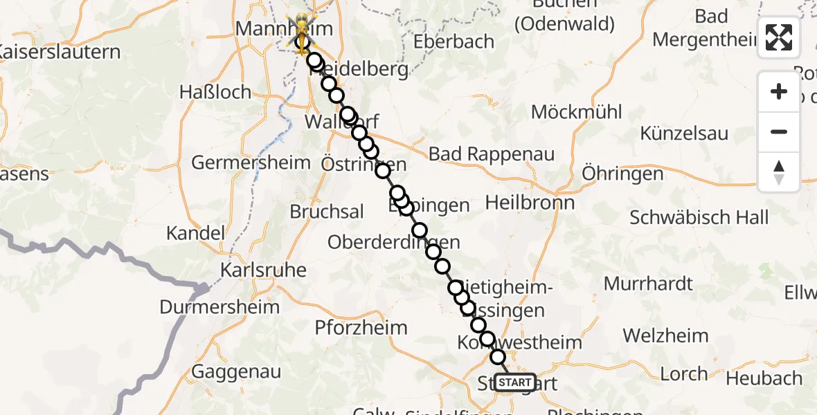 Flugroute Rettungshubschrauber Stuttgart - Mannheim-City Flughafen, 28 Juni 2026, 11:11