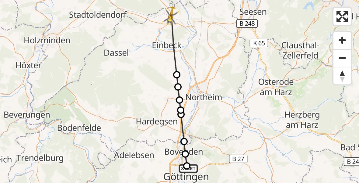 Flugroute Rettungshubschrauber Göttingen University Clinic Hubschrauberlandeplatz - Einbeck, 28 Juni 2026, 11:11