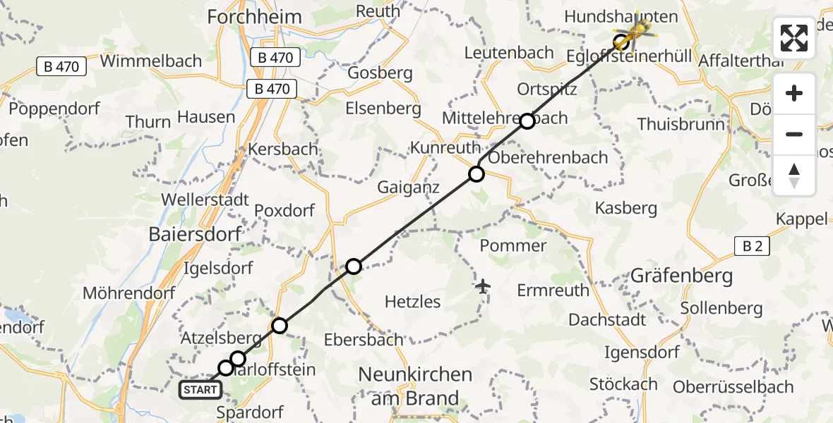 Flugroute Rettungshubschrauber Erlangen - Egloffstein, 28 Juni 2026, 11:12