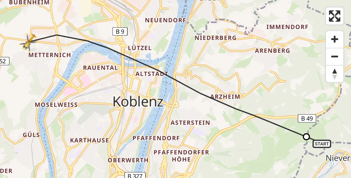 Flugroute Rettungshubschrauber Lahnstein - Koblenz, 28 Juni 2026, 11:20