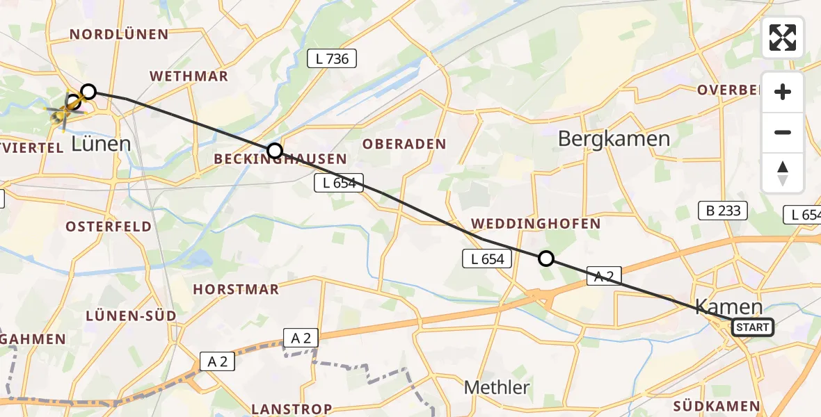 Flugroute Rettungshubschrauber Kamen - Sankt Marien Hospital, 28 Juni 2026, 11:22