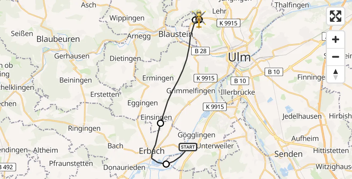 Flugroute Rettungshubschrauber Ulm - ADAC Air Rescue Station Ulm (Christoph 22), 28 Juni 2026, 11:24