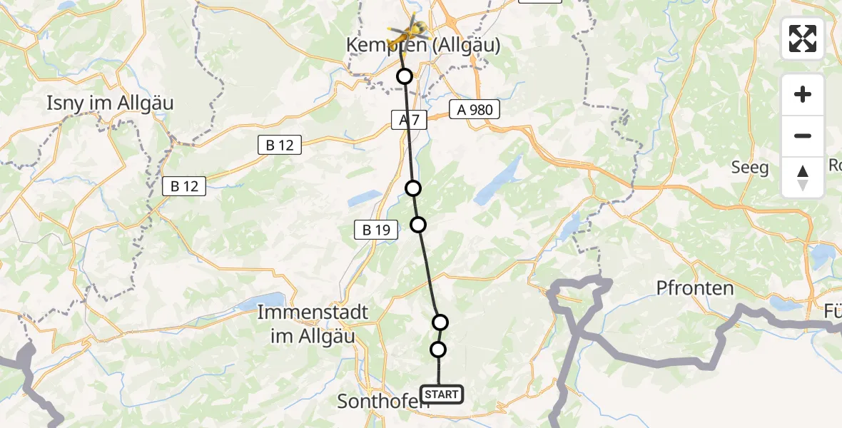 Flugroute Rettungshubschrauber Sonthofen - Kempten (Allgäu), 28 Juni 2026, 11:28
