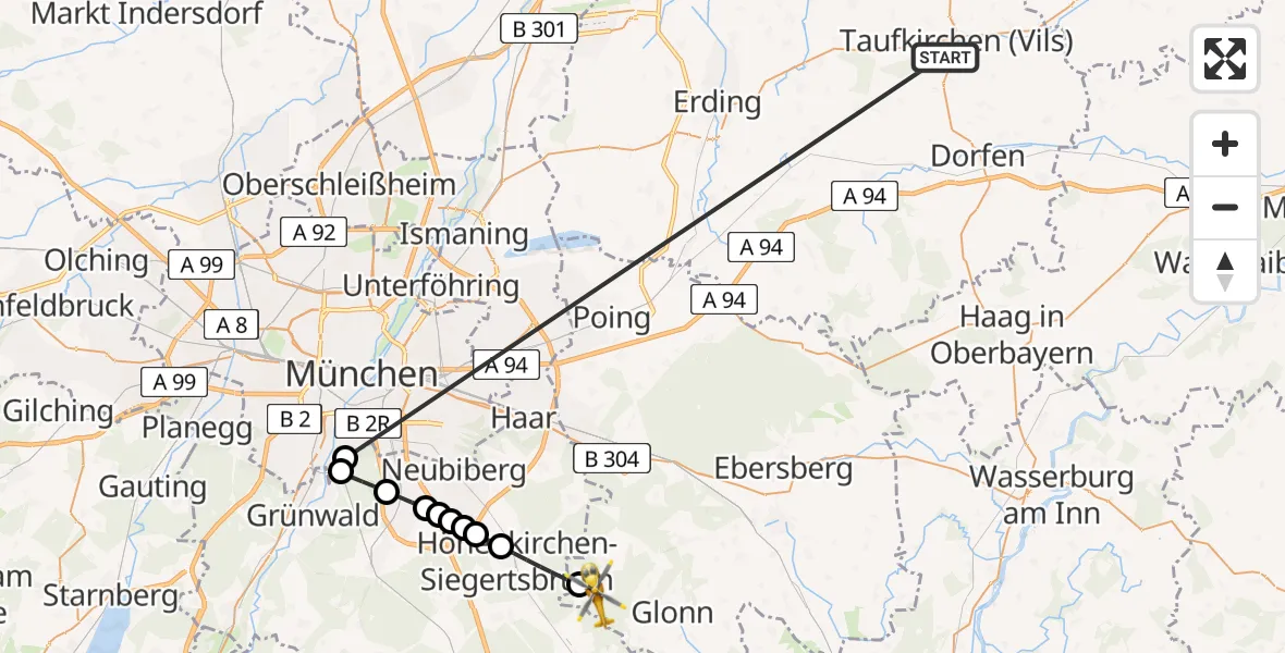 Flugroute Rettungshubschrauber Taufkirchen (Vils) - Egmating, 28 Juni 2026, 11:29
