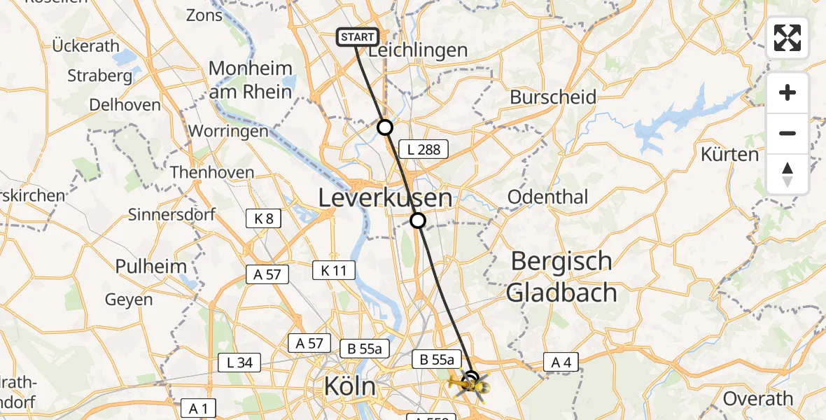 Flugroute Rettungshubschrauber Langenfeld (Rhld.) - Merheim Hospital, 28 Juni 2026, 11:31