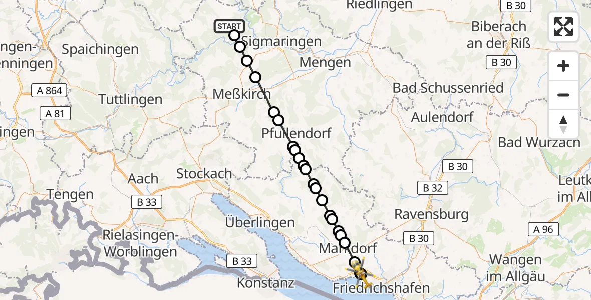 Flugroute Rettungshubschrauber Stetten am kalten Markt - Friedrichshafen Hospital, 28 Juni 2026, 11:31