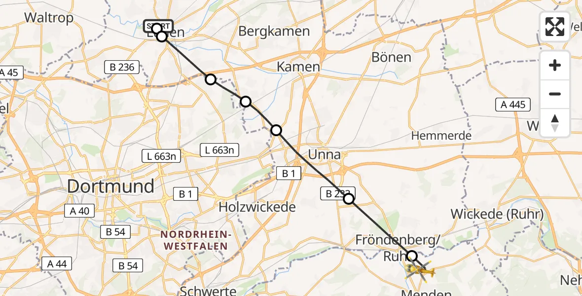Flugroute Rettungshubschrauber Sankt Marien Hospital - Menden (Sauerland), 28 Juni 2026, 11:32