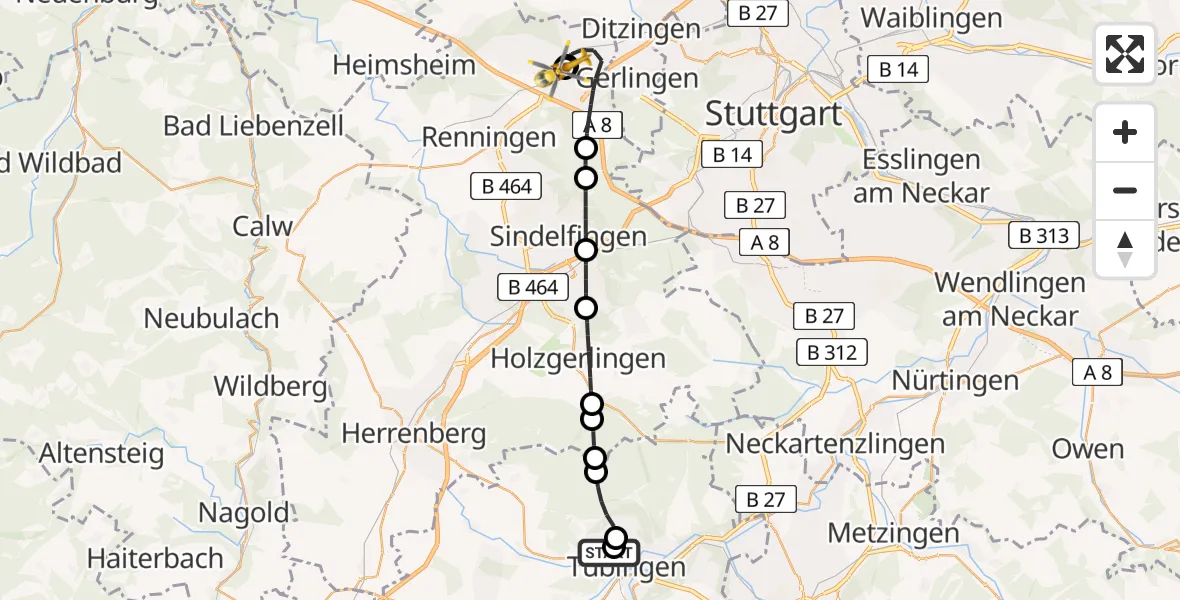 Flugroute Rettungshubschrauber Tübingen University Hospital - Leonberg Hospital, 28 Juni 2026, 11:35