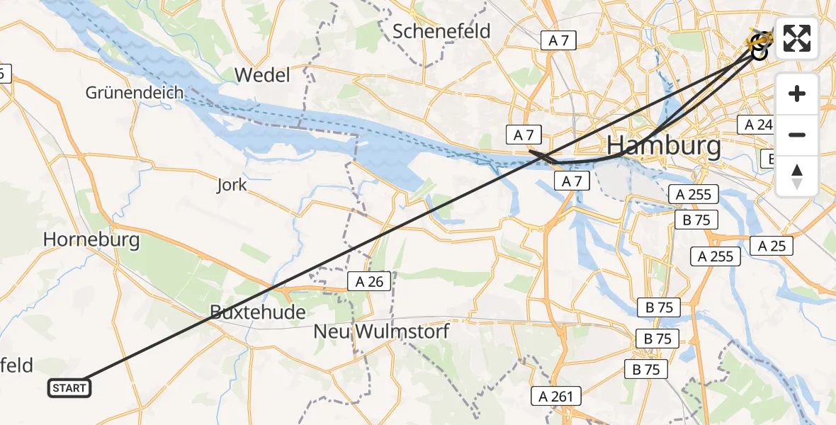 Flugroute Rettungshubschrauber Harsefeld - Hamburg Military Hospital, 28 Juni 2026, 11:43