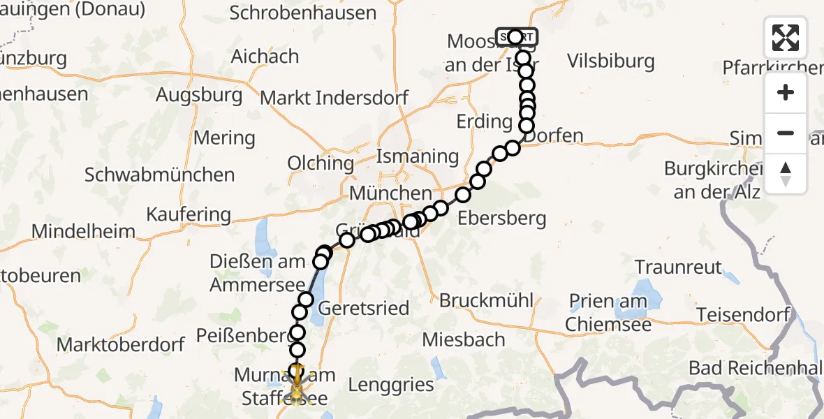 Flugroute Rettungshubschrauber Bruckberg - Riegsee, 28 Juni 2026, 11:48