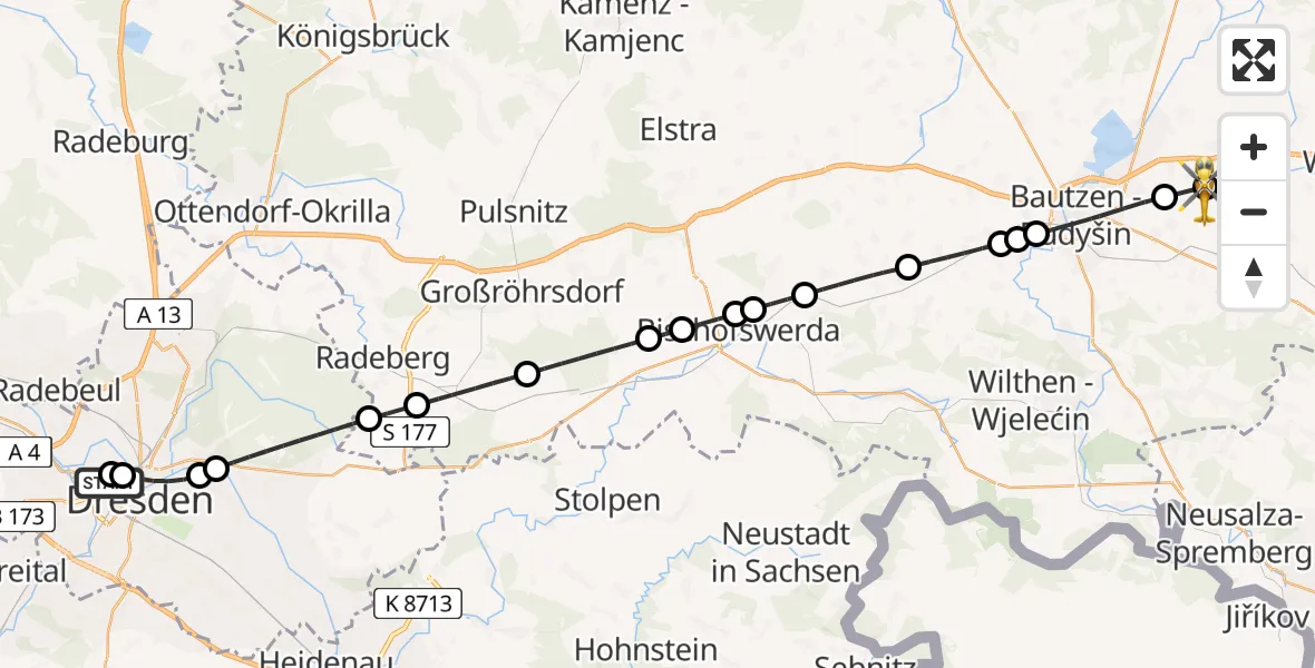 Flugroute Rettungshubschrauber Dresden Friedrichstadt Hospital - Bautzen Flugplatz, 28 Juni 2026, 11:55