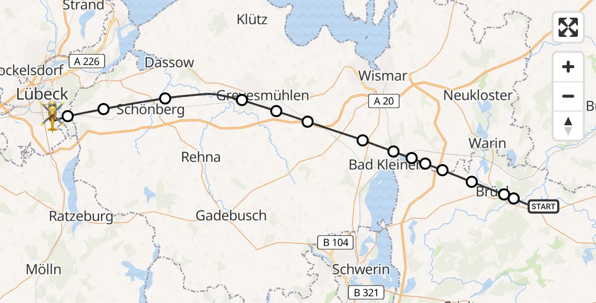 Flugroute Rettungshubschrauber Sternberg - Lübeck, 28 Juni 2026, 11:59