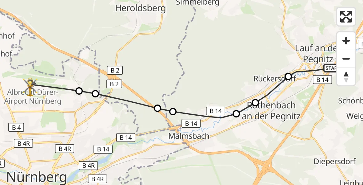 Flugroute Rettungshubschrauber Lauf a.d.Pegnitz - Flughafen Nuremberg, 28 Juni 2026, 12:00