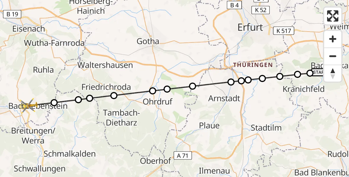 Flugroute Ambulanzhubschrauber Bad Berka - Bad Liebenstein, 28 Juni 2026, 12:01
