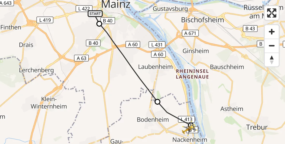 Flugroute Rettungshubschrauber Mainz University Hospital - Nackenheim, 28 Juni 2026, 12:08