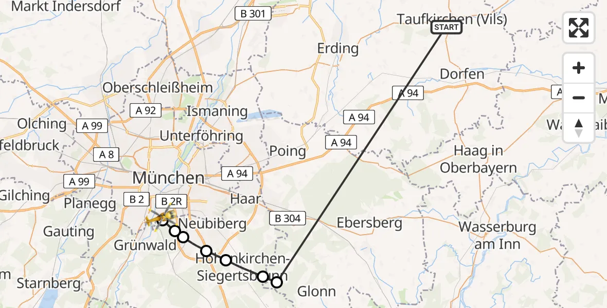 Flugroute Rettungshubschrauber Taufkirchen (Vils) - ADAC Air Rescue Center Hubschrauberlandeplatz (Christoph 1), 28 Juni 2026, 12:09