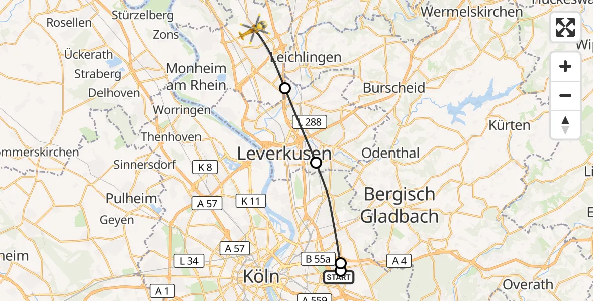Flugroute Rettungshubschrauber Merheim Hospital - Langenfeld (Rhld.), 28 Juni 2026, 12:10