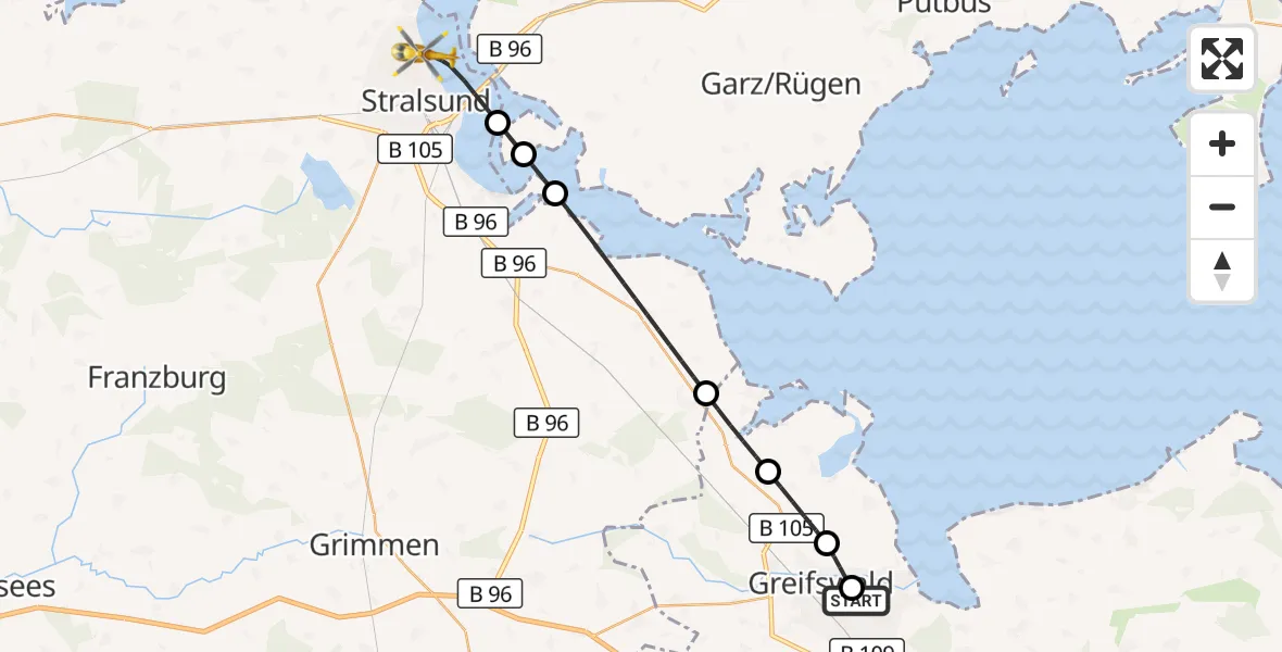 Flugroute Rettungshubschrauber Greifswald Hospital - Stralsund, 28 Juni 2026, 12:13