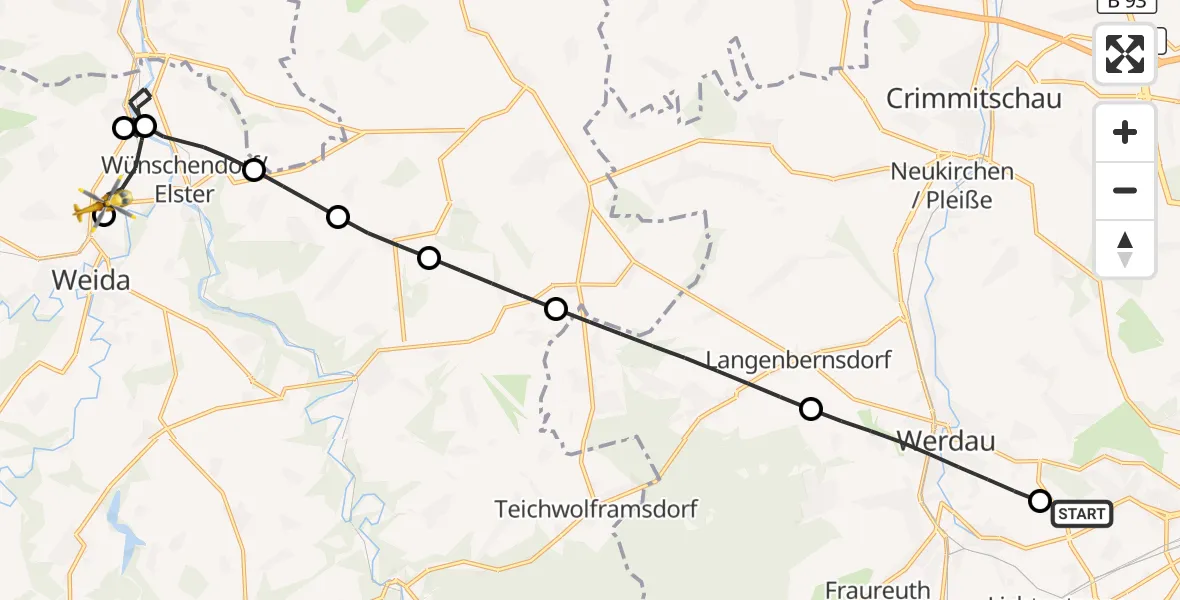 Flugroute Rettungshubschrauber ADAC Air Rescue Station Zwickau Hubschrauberlandeplatz - Weida, 28 Juni 2026, 12:16