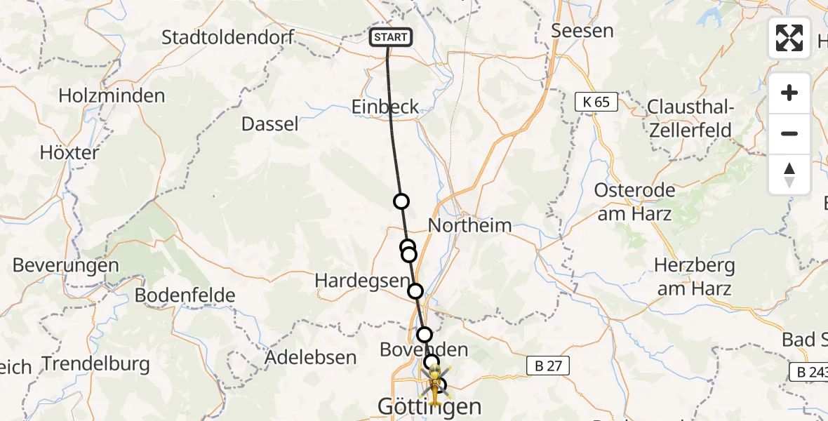 Flugroute Rettungshubschrauber Einbeck - Göttingen University Clinic Hubschrauberlandeplatz, 28 Juni 2026, 12:19