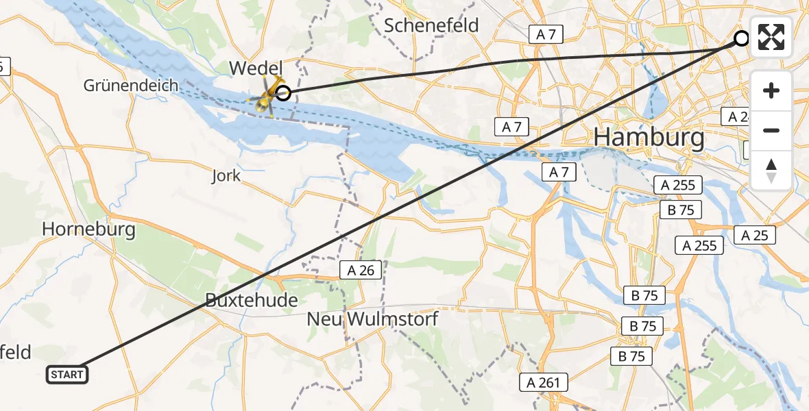 Flugroute Rettungshubschrauber Harsefeld - Wedel, 28 Juni 2026, 12:22