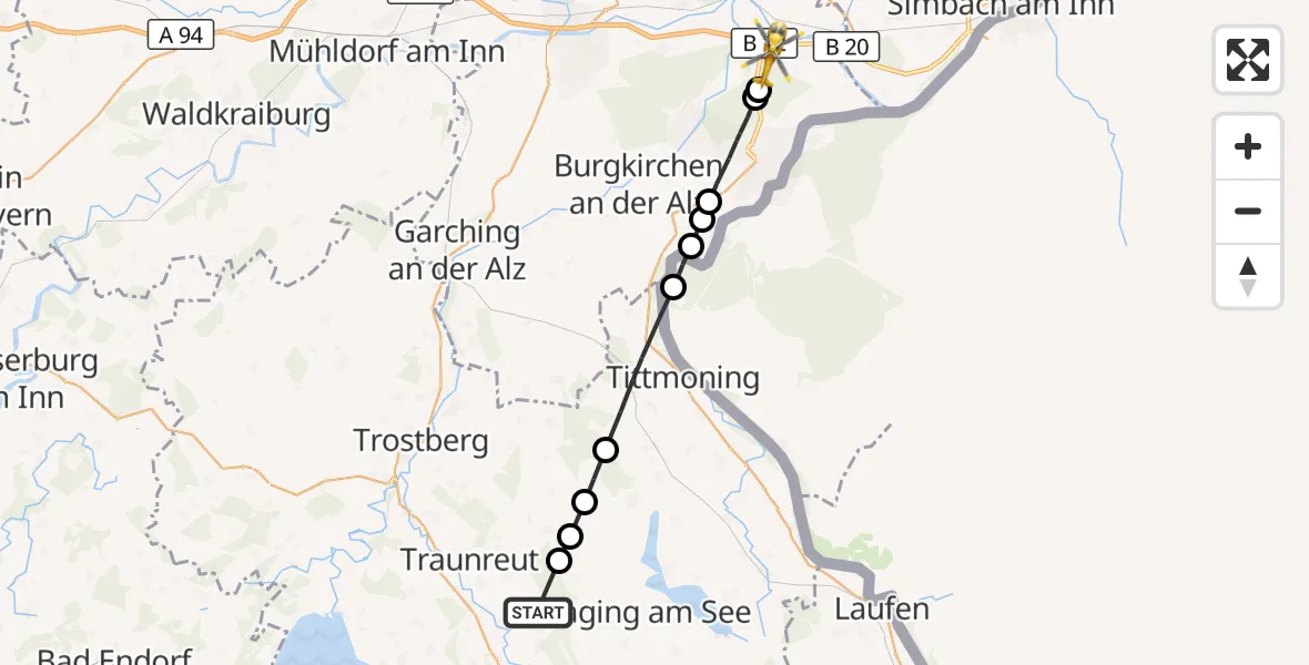 Flugroute Rettungshubschrauber Traunreut - Haiming, 28 Juni 2026, 12:22
