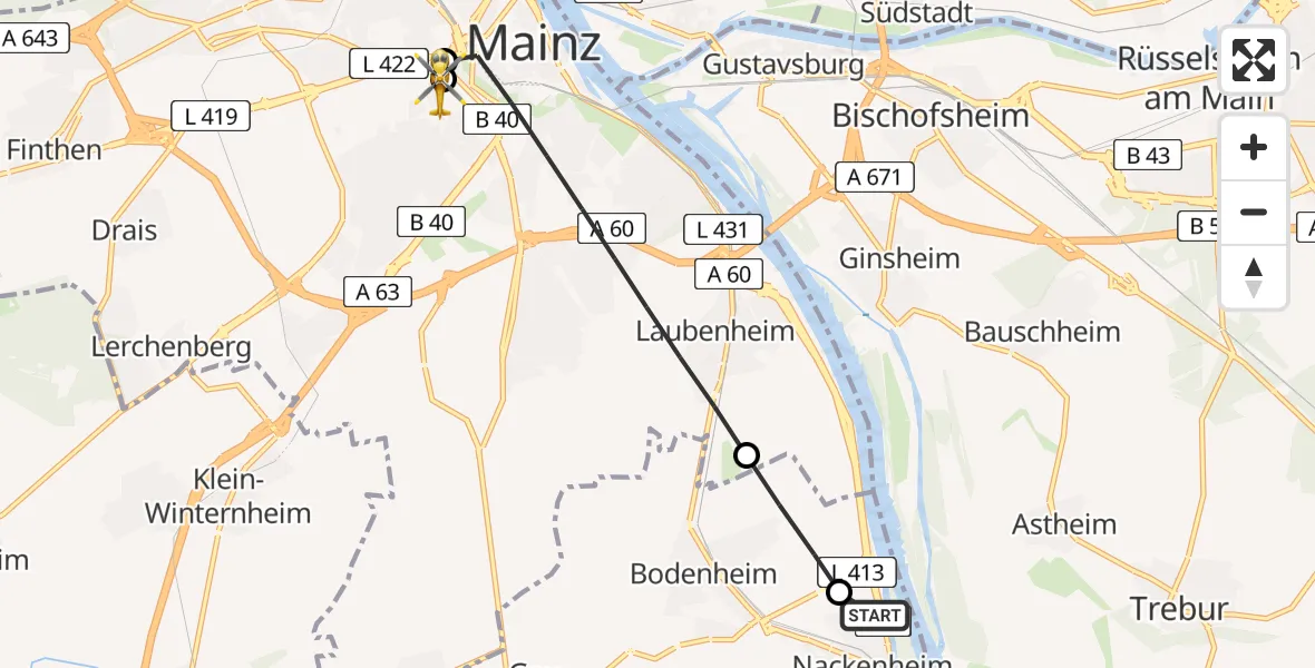 Flugroute Rettungshubschrauber Nackenheim - Mainz University Hospital, 28 Juni 2026, 12:32