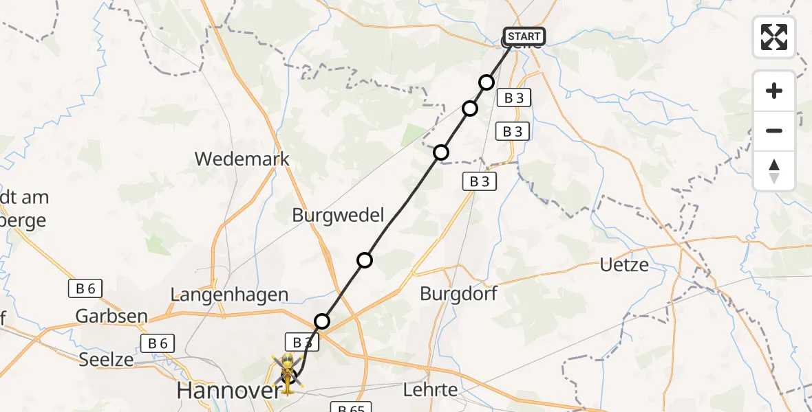 Flugroute Rettungshubschrauber Celle - Hannover Luftrettung Hubschrauberlandeplatz (Christoph 4), 28 Juni 2026, 12:33
