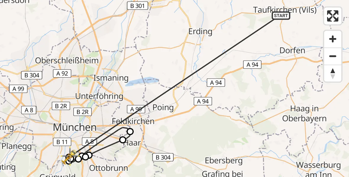Flugroute Rettungshubschrauber Taufkirchen (Vils) - ADAC Air Rescue Center Hubschrauberlandeplatz (Christoph 1), 28 Juni 2026, 12:35